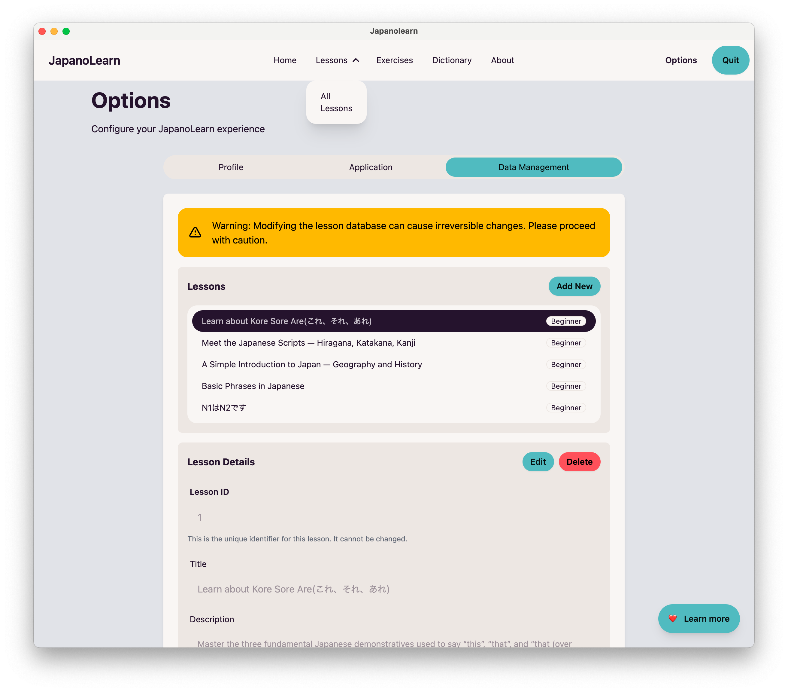 JapanoLearn Data Management